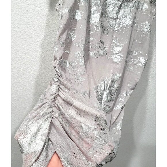 Shein Silver Metallic Splattered Ruched Sheer Mesh Tank Top Size L - Picture 2 of 8